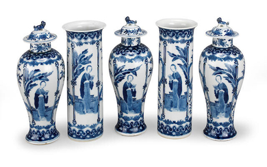 A garniture of five Chinese blue and white vases