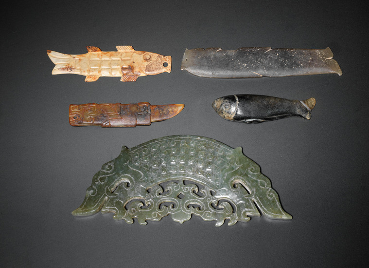 A group of five archaic jade fish and amphibian carvings