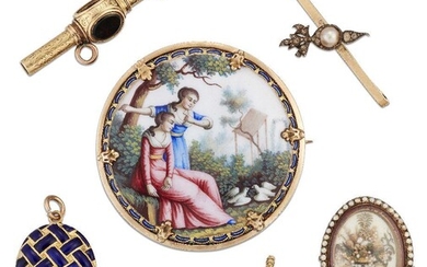 A group of jewellery comprising: an 18th century mourning brooch, the rock crystal face with seed pearl surround enclosing an intricately designed flower and fruit basket; a gold mounted Swiss enamel brooch depicting two ladies in a garden, 5.2cm...