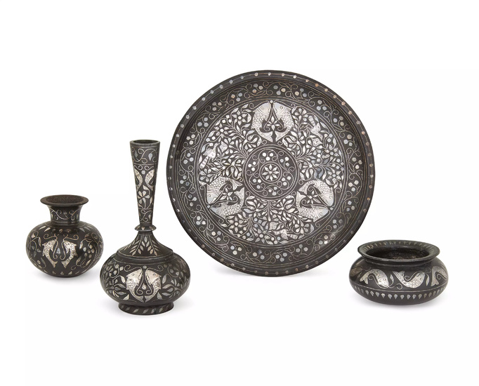 A group of small silver-inlaid bidri fish motif vessels, Lucknow,...