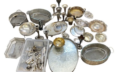 A large quantity of silver plated items including trays, flatware,...