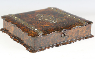 A mid-19th century French papier-mâché simulated walnut and brass bound card game box, the