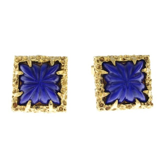 A pair of 1970s 18ct gold lapis lazuli cufflinks. Each