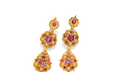 A pair of 19th century ruby and diamond pendent earrings
