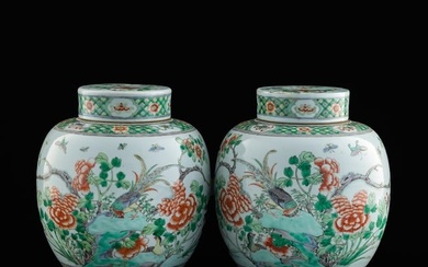 A pair of Chinese wucai 'floral and birds' lidded jars, 19th century or earlier