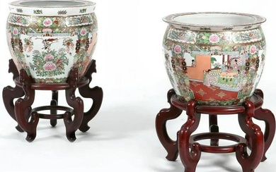 A pair of Large Signed Chinese glazed porcelain fish tanks Planter Pot Vase Bowls