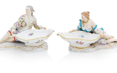 A pair of Meissen figural sweetmeat dishes