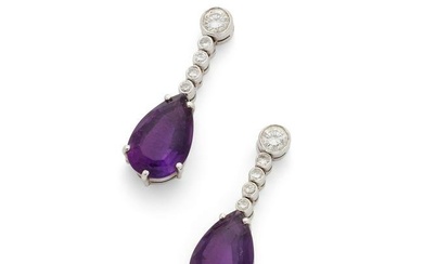 A pair of amethyst and diamond pendent earrings