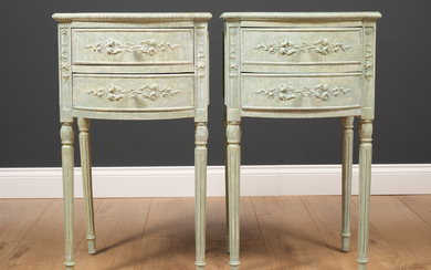 A pair of bow fronted green painted bedside tables