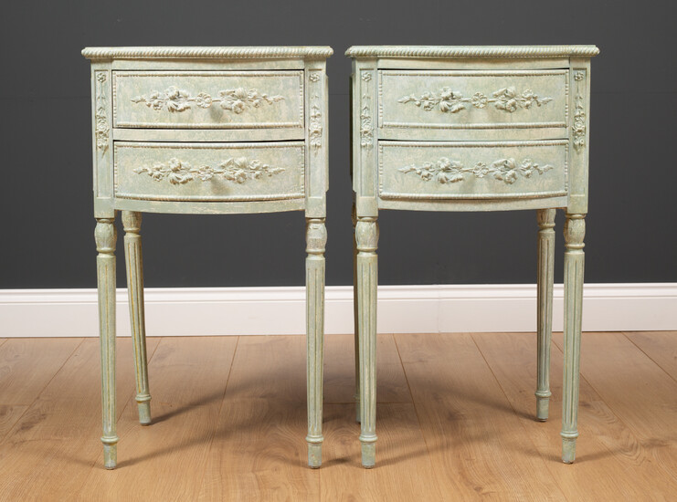 A pair of bow fronted green painted bedside tables