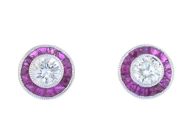 A pair of brilliant-cut diamond and ruby cluster...
