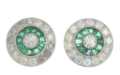 A pair of calibre-cut emerald and vari-cut diamond cluster earrings.