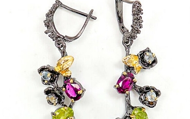 A pair of ear pendants each set with numerous topazes, amethysts, peridots and rhodolite garnets, mounted in blac rhodium and gold plated sterling silver.