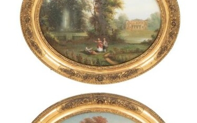 A pair of giltwood-framed reverse-painted glass panels