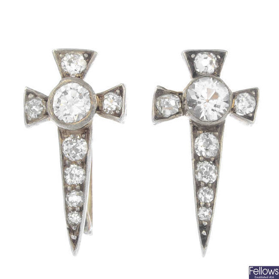 A pair of late 19th century silver and gold, paste and old-cut diamond cross earrings.