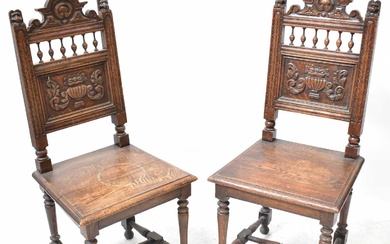 A pair of late 19th/early 20th century oak bobbin turned...