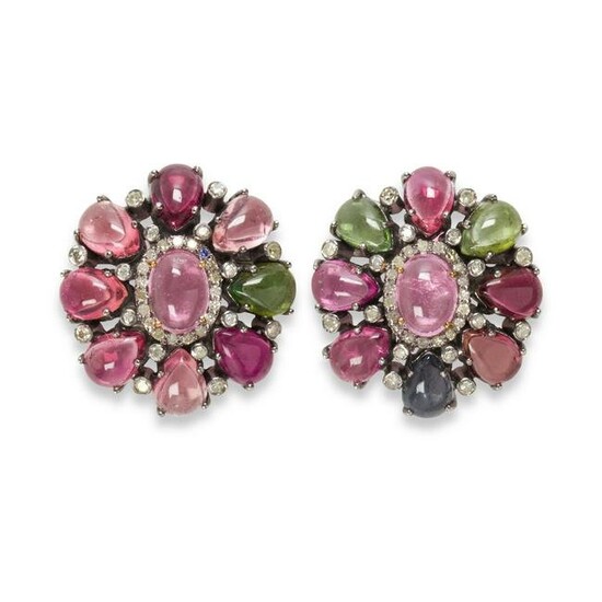 A pair of multi-hue tourmaline and diamond earrings