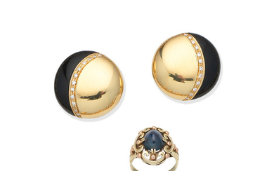 A pair of onyx and diamond earclips, by Wempe, and a sapphire ring