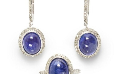 A pair of tanzanite and diamond earrings and ring suite
