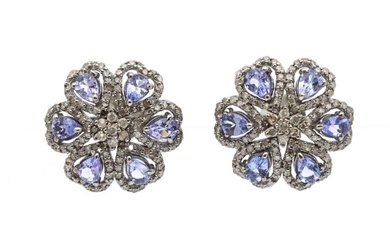 A pair of tanzanites and diamonds silver set cluster earrings,...