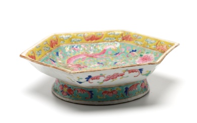 A polychrome porcelain footed dish painted with phoenix and dragons amidst clouds alternating with floral vine scrolls on a turquoise ground