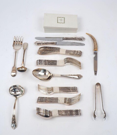 A quantity of silver plated flatware including: a part set of flatware comprising 8 teaspoons, 8 fish knives, 8 fish forks, 8 table forks; 8 dessert forks, 8 dessert knives; 8 table knives; 8 side knives, 8 dessert spoons; 6 pastry forks, 4...