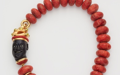 A red foam coral necklace with a one of a kind 18/21k gold, carved ebony and chrysoberyl cat's eye sculptural head clasp.