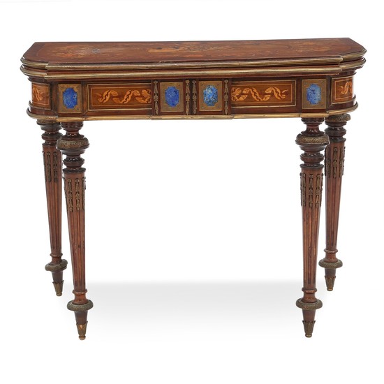 A richly inlaid Russian Louis XVI style walnut and fruitwood card table. Frame with six lapis lazuli panels. Ca. 1870. H. 75 cm. W. 91 cm. D. 45/90 cm.