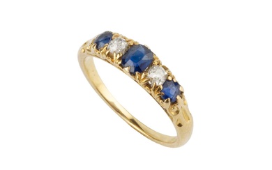 A sapphire and diamond five stone ring, the three graduated...