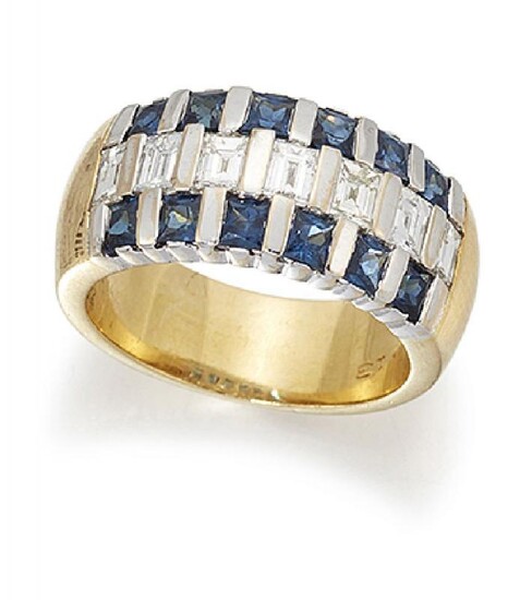A sapphire and diamond half-hoop ring, the...