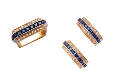 A sapphire and diamond ring and earring suite