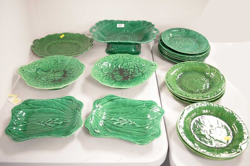 A selection of green Majolica ceramics.