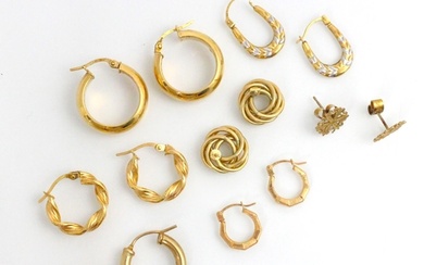 A selection of yellow metal and gold coloured earrings, incl...