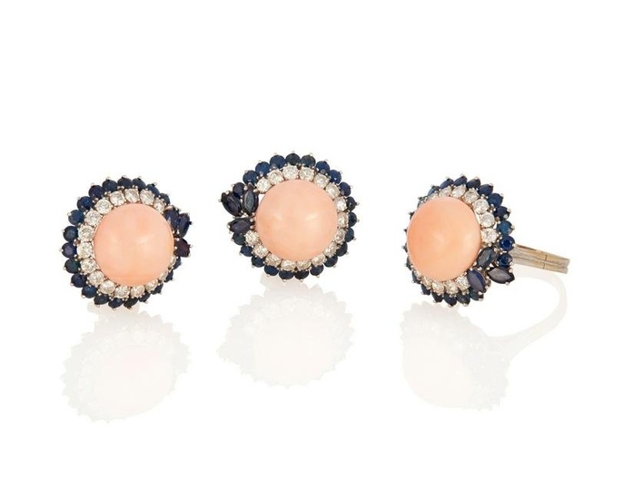 A set of coral, diamond and sapphire jewelry