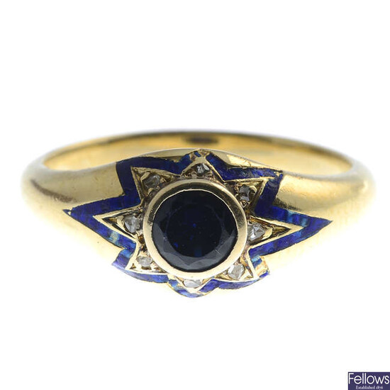 A synthetic sapphire, diamond and enamel ring.