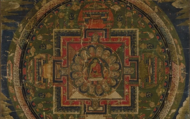 A thangka depicting a mandala of Buddha and the Sixteen Arhats, Tibet, 18th century