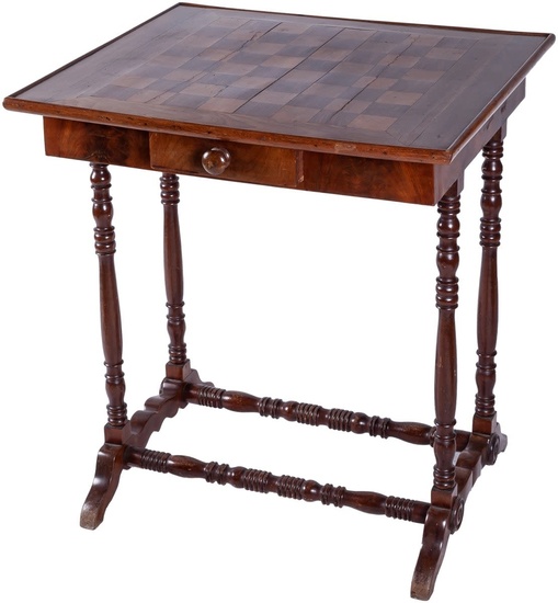 A turned-leg walnut side table with checkerboard top, 19th...