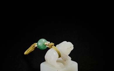 A white jade 'mythical beast' seal, Qing dynasty, 18th -...