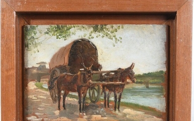 ABEL-TRUCHET Louis. (1857-1918). (Attribué à). « Le chariot tiré par 2 mules ». Huile sur...