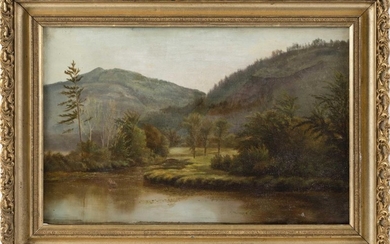 AMERICAN SCHOOL, 19th Century, Mountain landscape with pond., Oil on canvas, 12.5" x 20.5". Framed 17.5" x 24.5".