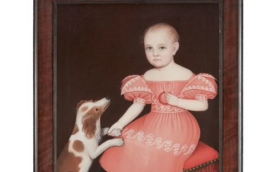 AMMI PHILLIPS | PORTRAIT OF A SEATED CHILD IN A PINK DRESS WITH A SPANIEL AND CORAL TEETHING RING