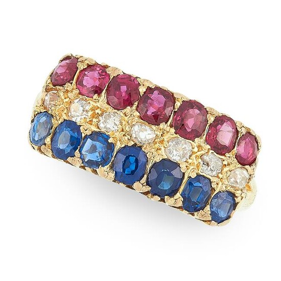 AN ANTIQUE VICTORIAN RUBY, SAPPHIRE AND DIAMOND RING in