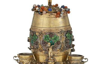 AN AUSTRIAN SILVER-GILT, ENAMEL, HARDSTONE AND PEARL SPIRIT BARREL AND SIX MATCHING CUPS MAKER'S MARK TZ, VIENNA, LATE 19TH CENTURY