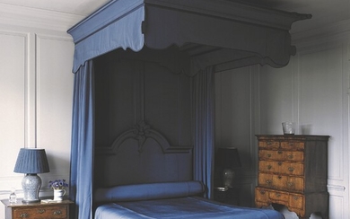 AN ENGLISH BLUE SILK HALF-TESTER BED