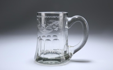 AN ENGLISH GLASS ALE TANKARD, 19TH CENTURY, engraved