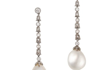 AN IMPORTANT AND LARGE PAIR OF NATURAL SALTWATER PEARL AND DIAMOND DROP EARRINGS in platinum, each