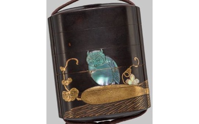 AN INLAID BLACK LACQUER FOUR-CASE INRO WITH AN OWL AND GOURDS