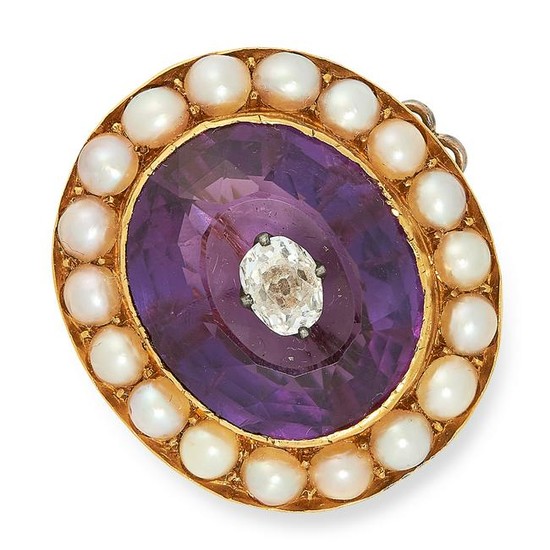 ANTIQUE AMETHYST PEARL AND DIAMOND BROOCH set with a