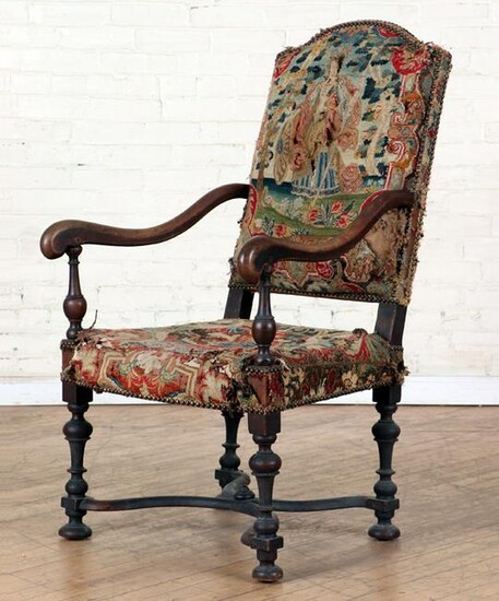 ANTIQUE CONTINENTAL CARVED WALNUT LIBRARY CHAIR
