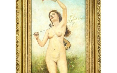 ANTIQUE PAINTING FEMALE NUDE WITH LUTE AND FLOWERS